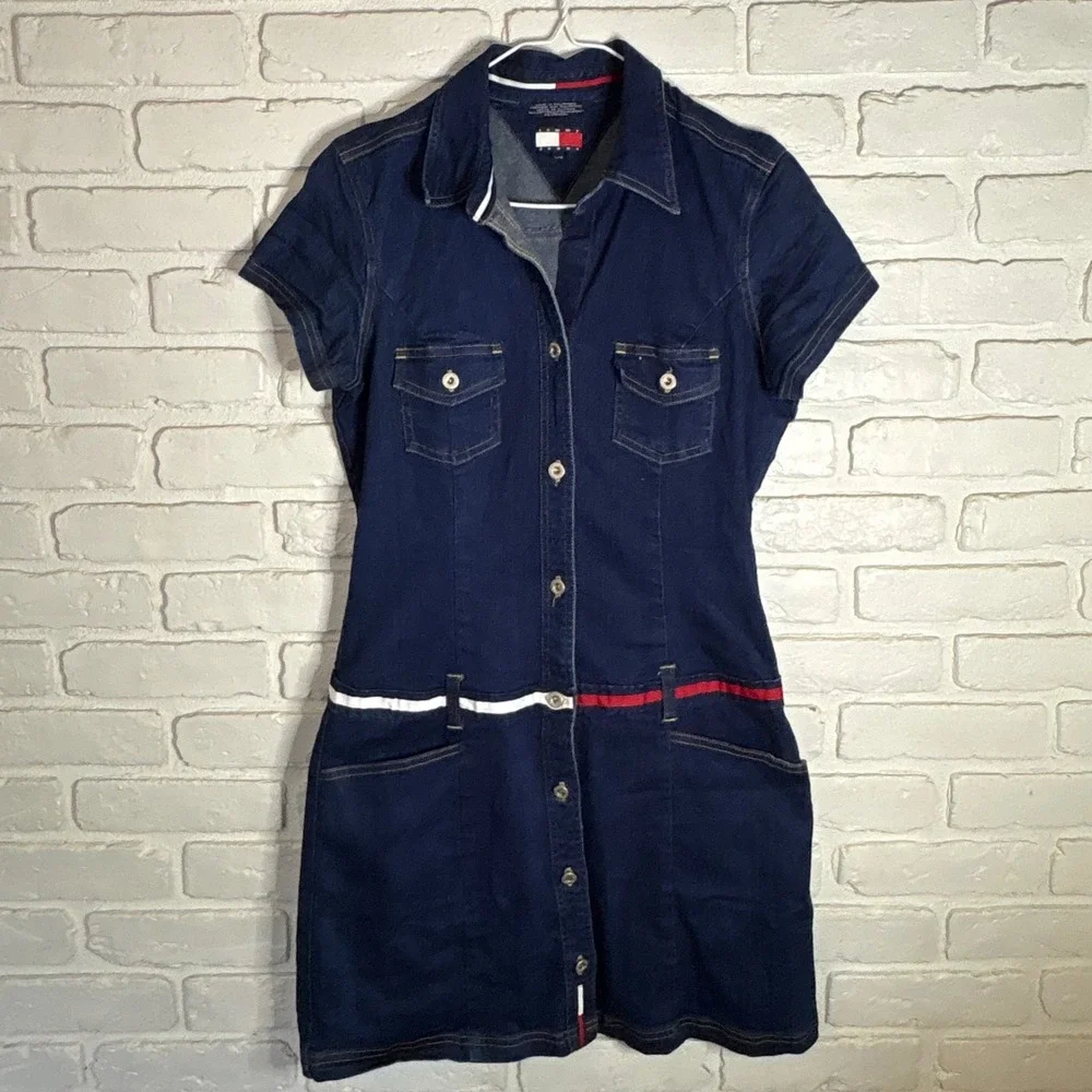 Tommy Hilfiger Denim Mini Dress Y2K Jean Dress Women's Size Large - Picture 1 of 4